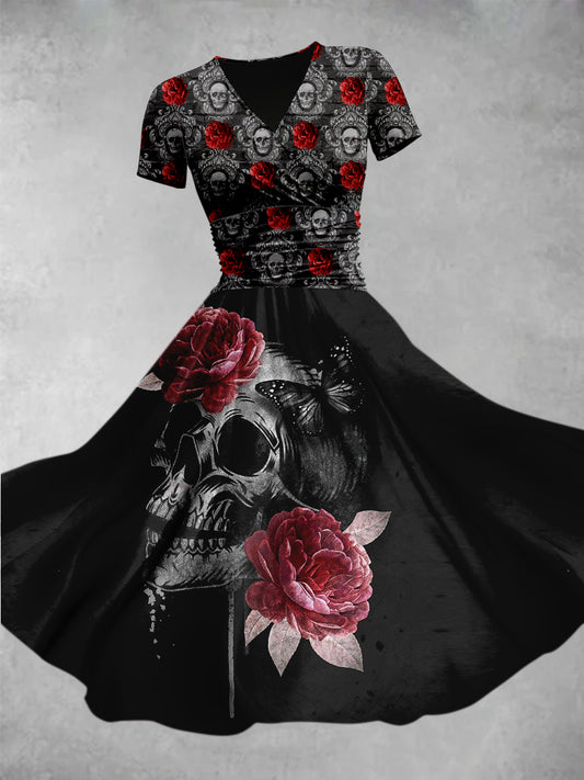 Retro Punk Schädel Blumen Bedruckt V-Ausschnitt Kurzarm Mode Design Midi Kleid