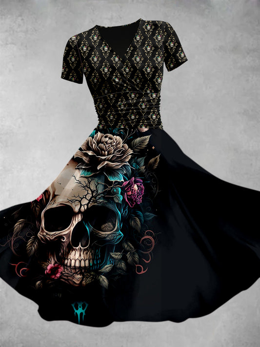Bunte Punk Schädel Blumen Bedrucktes V-Ausschnitt Kurzarm Mode Design Midi Kleid