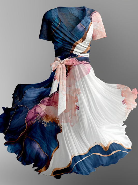 Elegante abstrakte Kunst bedruckt V-Ausschnitt Kurzarm Mode Design Midi-Kleid