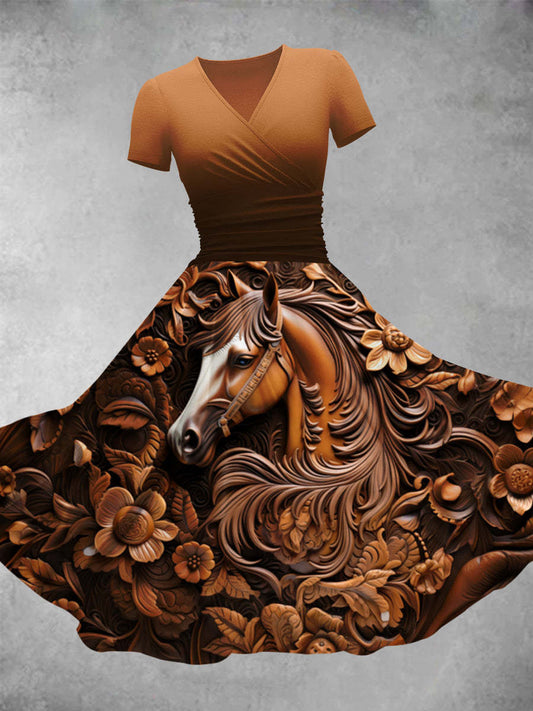 Legant Vintage Pferd Kunst bedruckt V-Ausschnitt Kurzarm Mode Design Midi-Kleid
