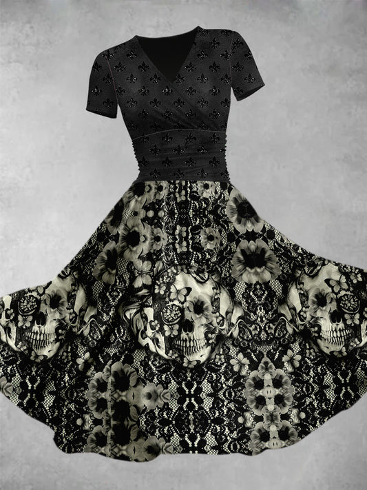 Retro Punk Schädel Blumen Bedruckt V-Ausschnitt Kurzarm Mode Design Midi Kleid