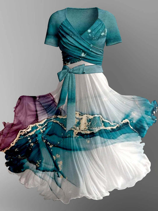 Elegante abstrakte Kunst bedruckt V-Ausschnitt Kurzarm Mode Design Midi-Kleid