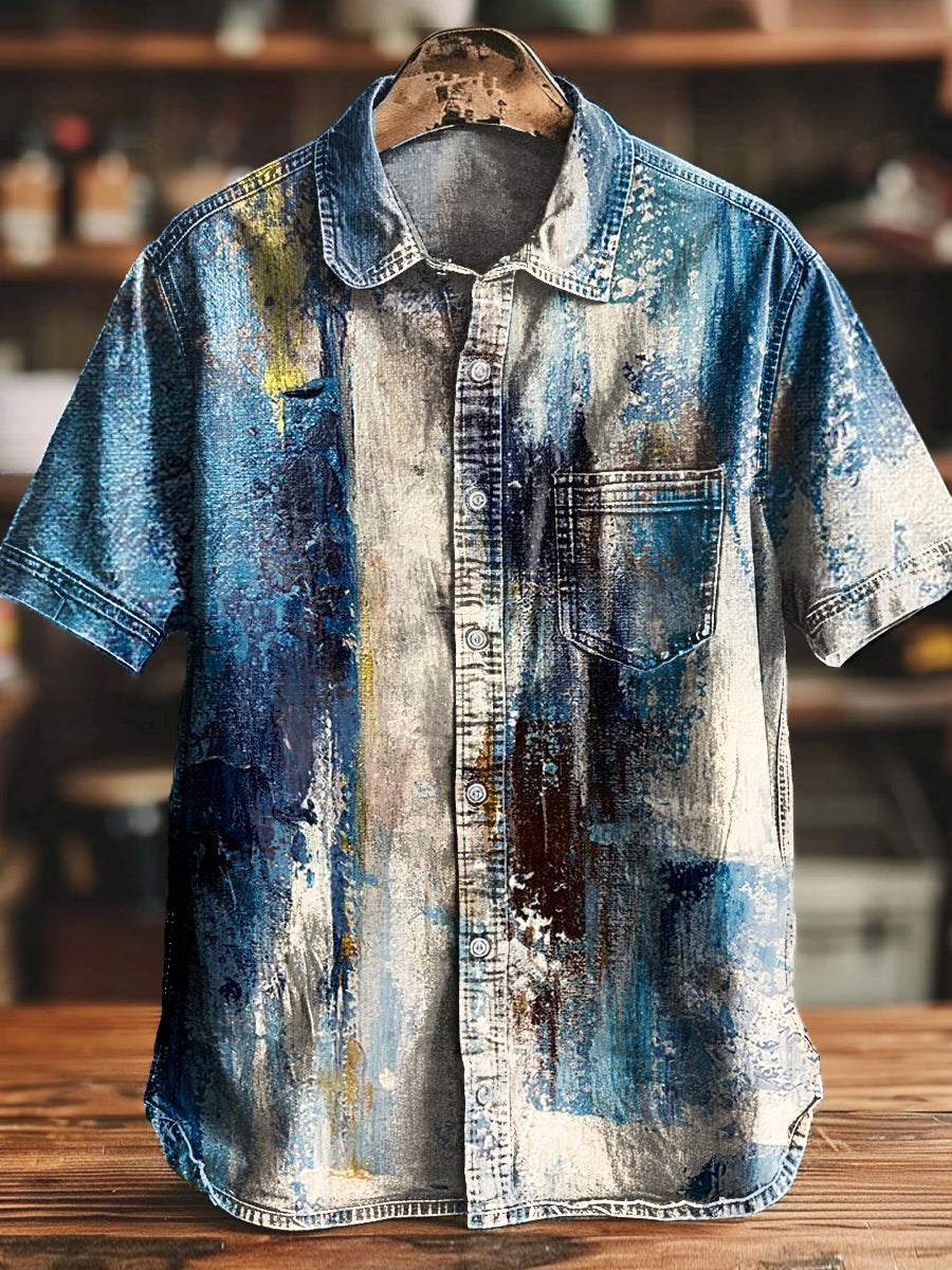 Vintage abstraktes blaues Graffiti-Kunstdruck-Freizeit hemd
