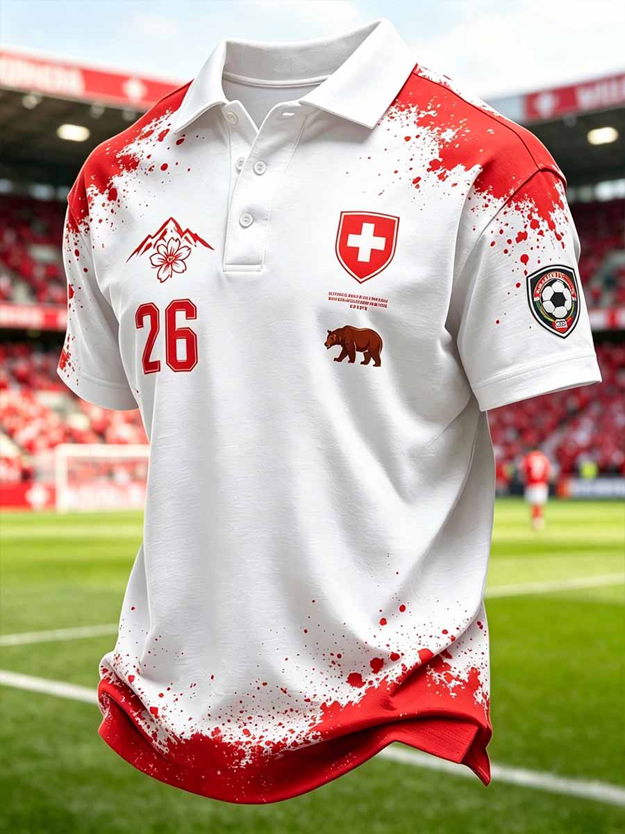 Herren-Poloshirt im Stil der Schweizer Fussballliga, mit Kunstdruck, lässig geschnitten