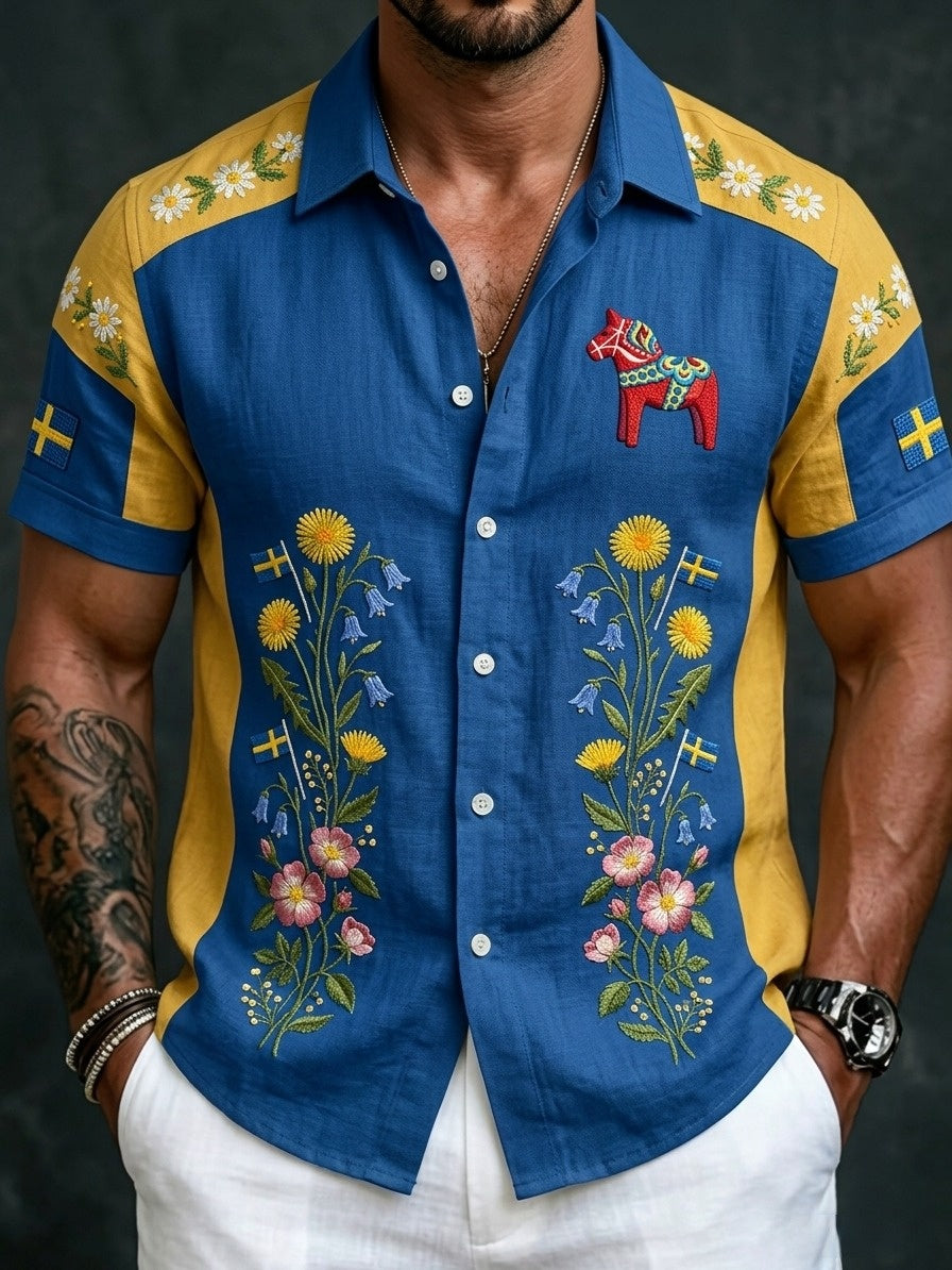Herren-Retro-Hemd im schwedischen Mittsommer-Look mit Blumenmuster aus Baumwolle-Leinen, kurzärmlig