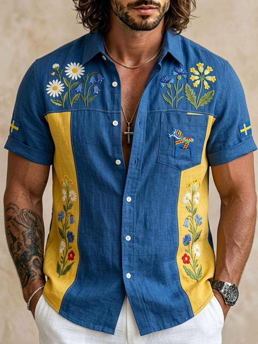 Herren-Retro-Hemd im schwedischen Mittsommer-Look mit Blumenmuster aus Baumwolle-Leinen, kurzärmlig