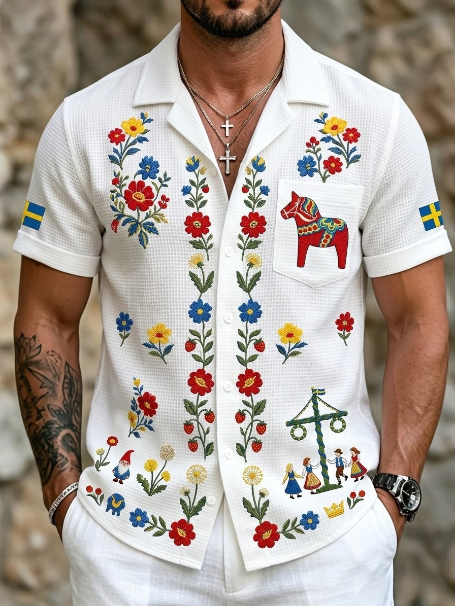 Herren Retro schwedisches Mittsommer-Folk-Blumen-Waffel-Kurzarm-Shirt