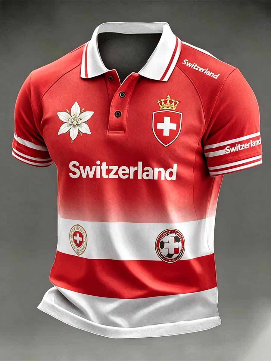 Herren-Poloshirt mit Schweizer Fußballmotiv, lässiger Stil