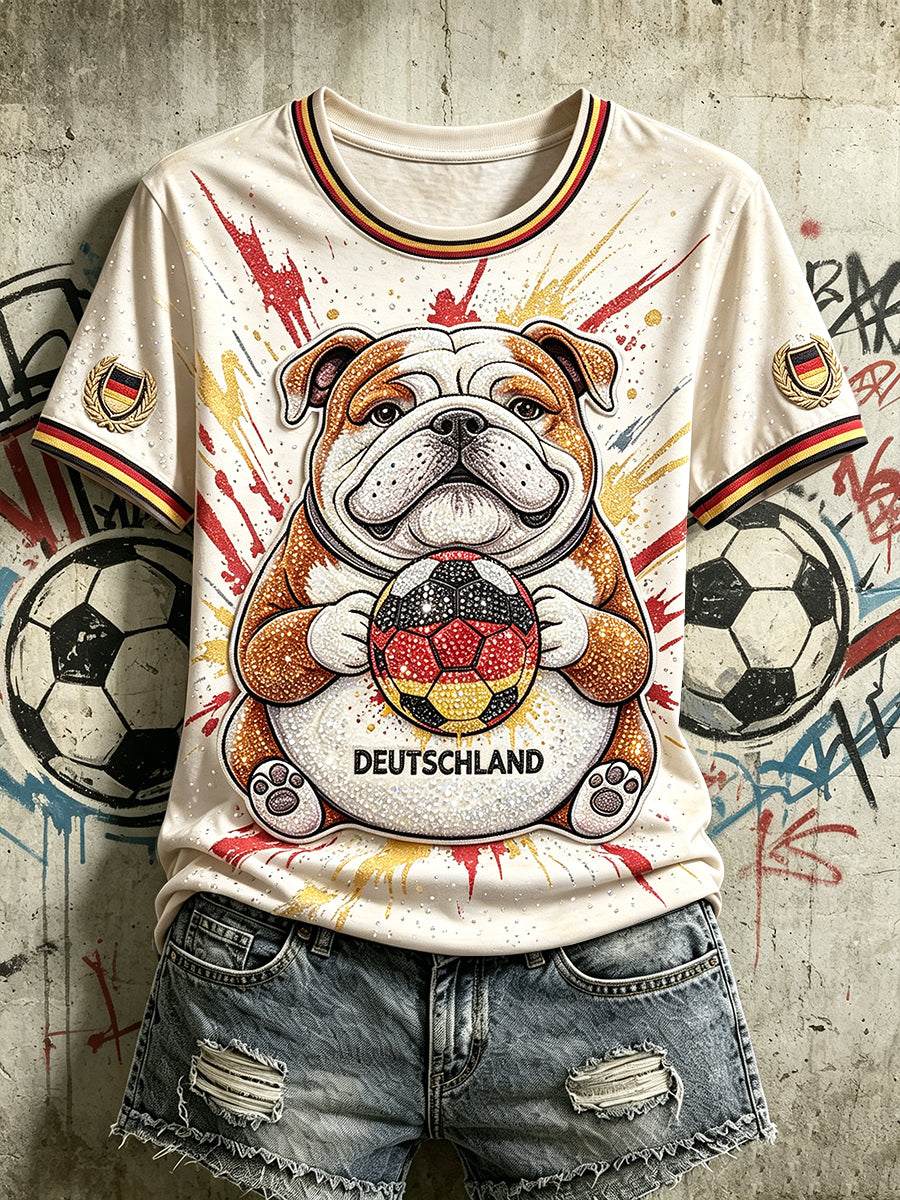 Damen-Vintage-T-Shirt in Weiß mit deutschem Welpen-Fußball-Print, lässig geschnitten