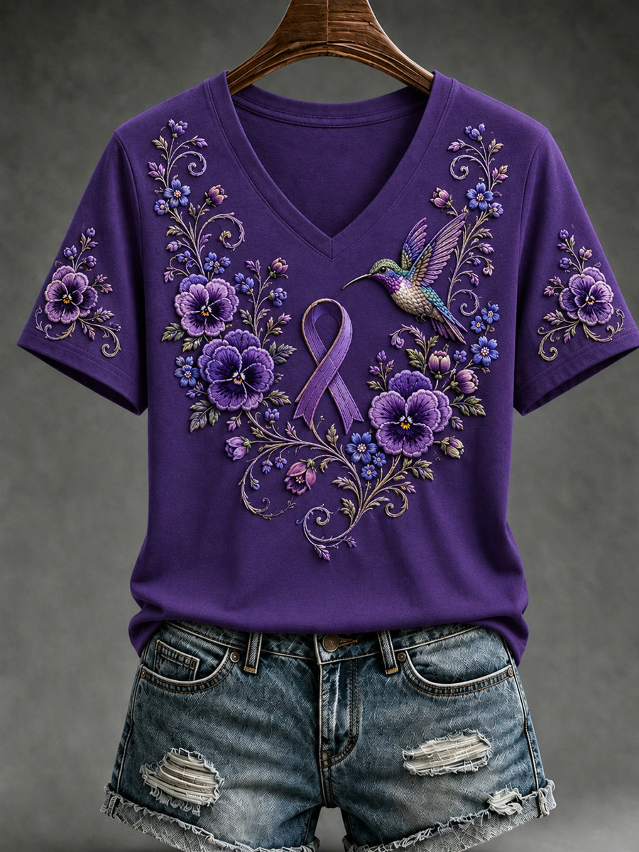 Damen-T-Shirt mit violetter Blumen- und Kolibri-Print, V-Ausschnitt und kurzen Ärmeln zur Sensibilisierung für die Alzheimer-Krankheit