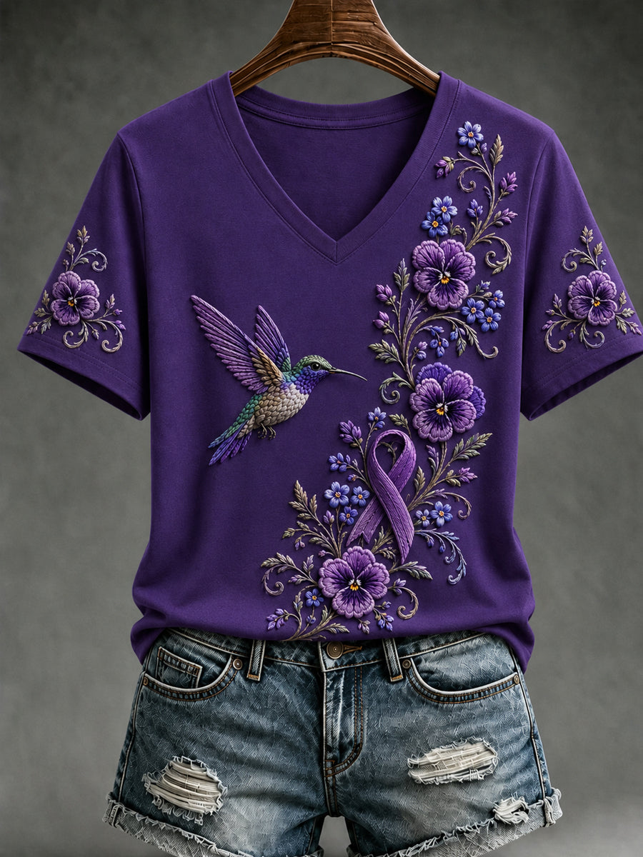 Damen-T-Shirt mit violetter Blumen- und Kolibri-Print, V-Ausschnitt und kurzen Ärmeln zur Sensibilisierung für die Alzheimer-Krankheit