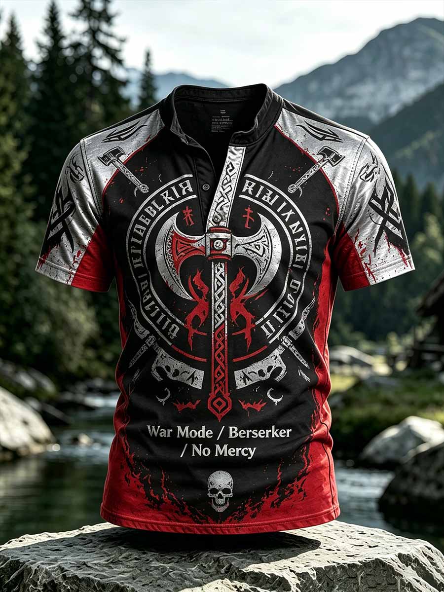 Herren-Retro-T-Shirt mit Wikinger-Valhalla-Muster