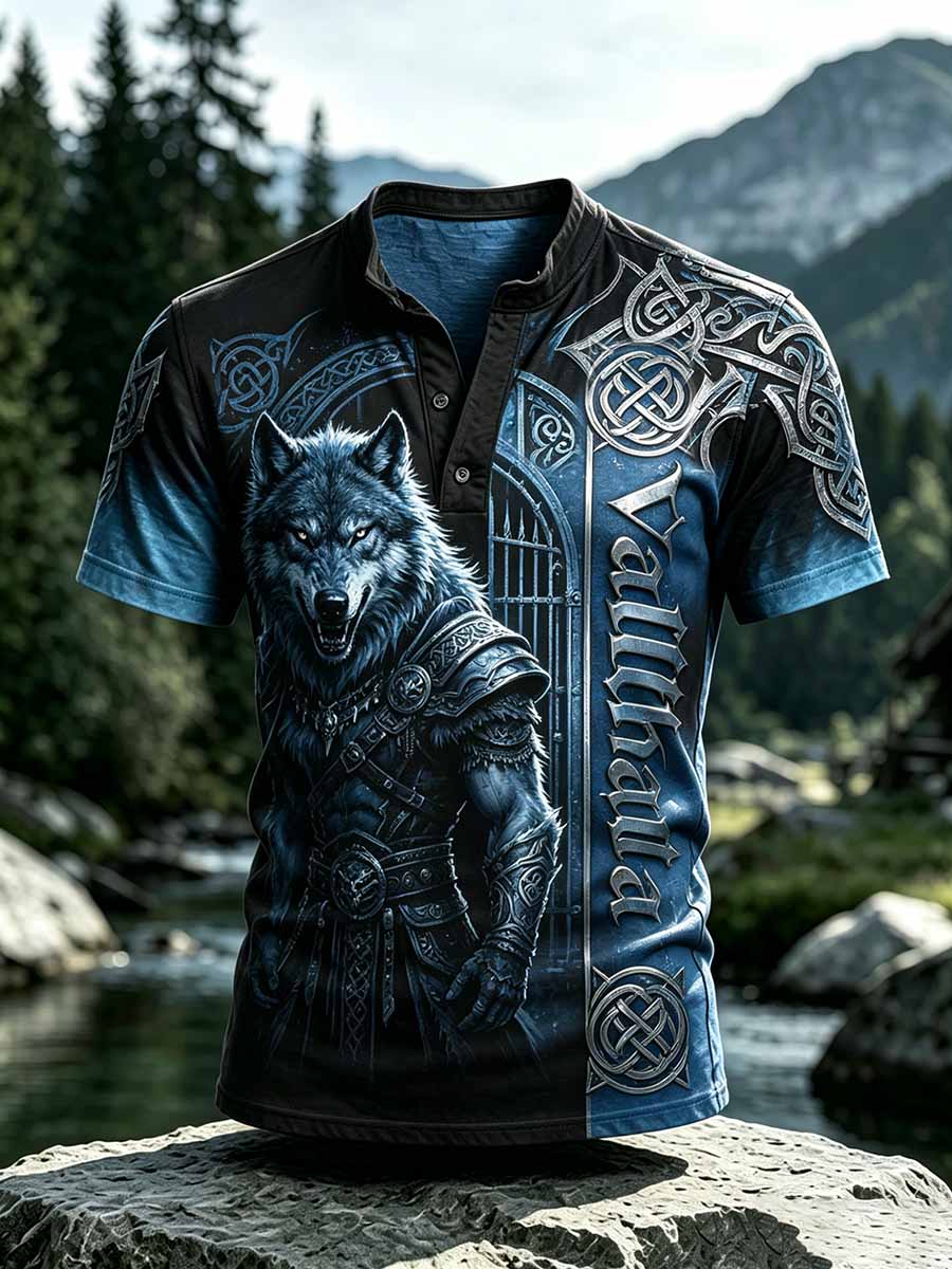 Herren-Retro-T-Shirt mit Wikinger-Valhalla-Muster