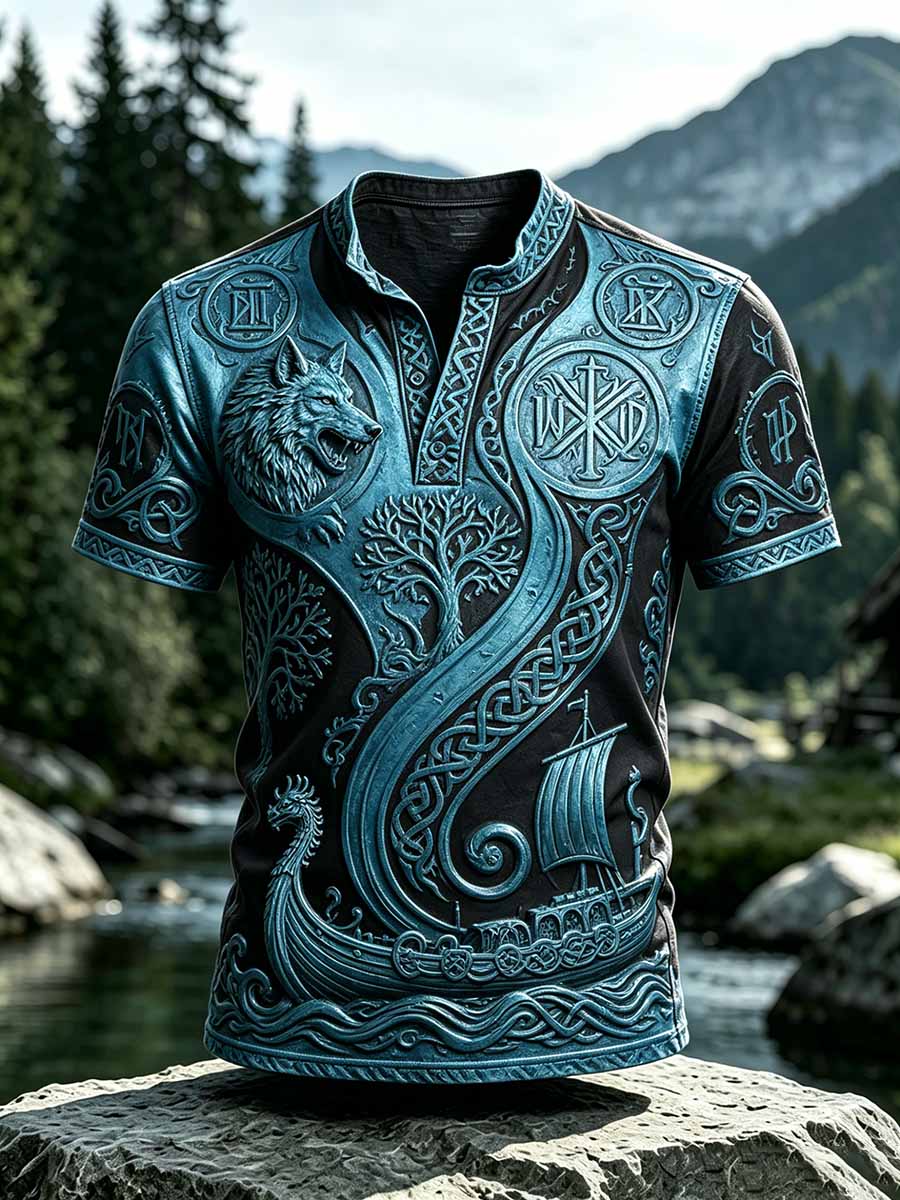 Herren-Vintage-T-Shirt im Wikingerstil mit Wolfskrieger-Print, lässig geschnitten