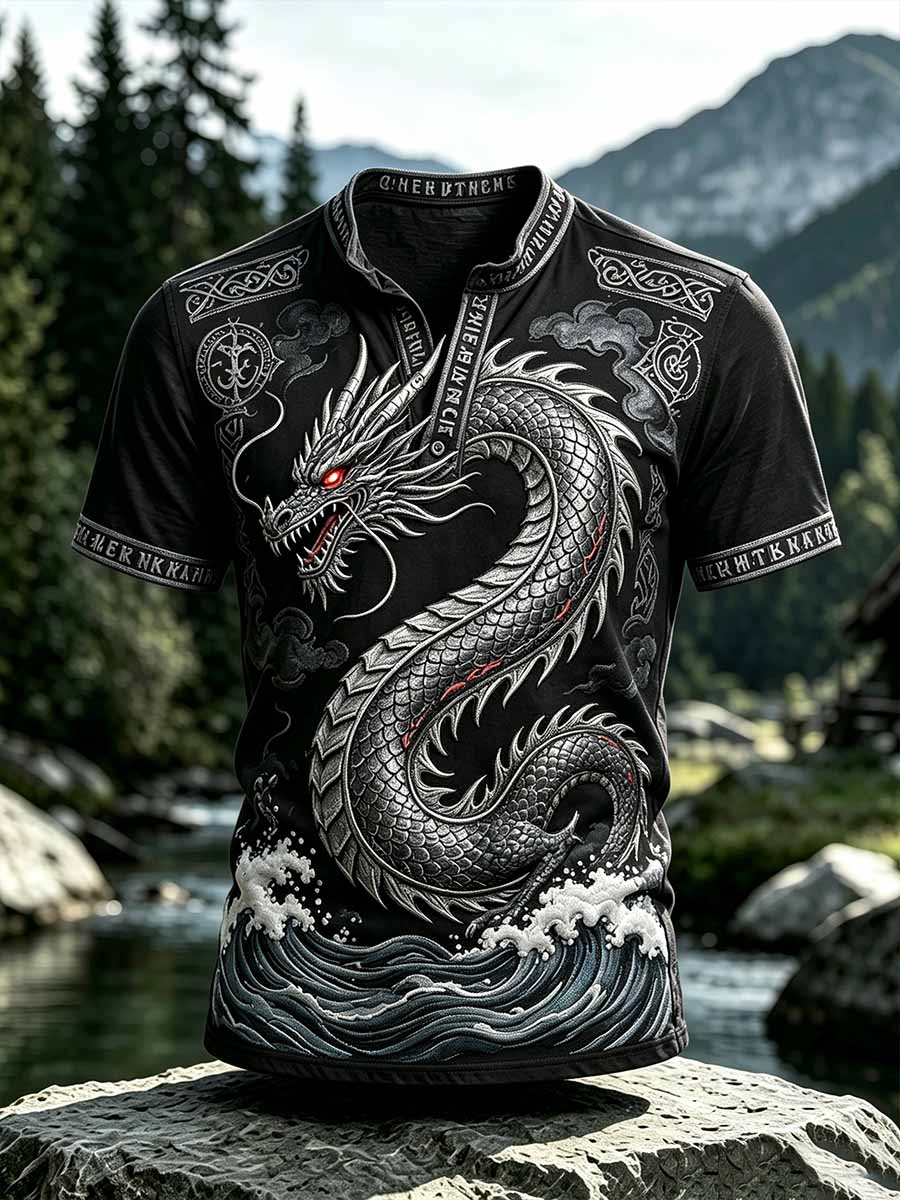 Herren-Retro-T-Shirt mit Wikinger-Drachen-Print