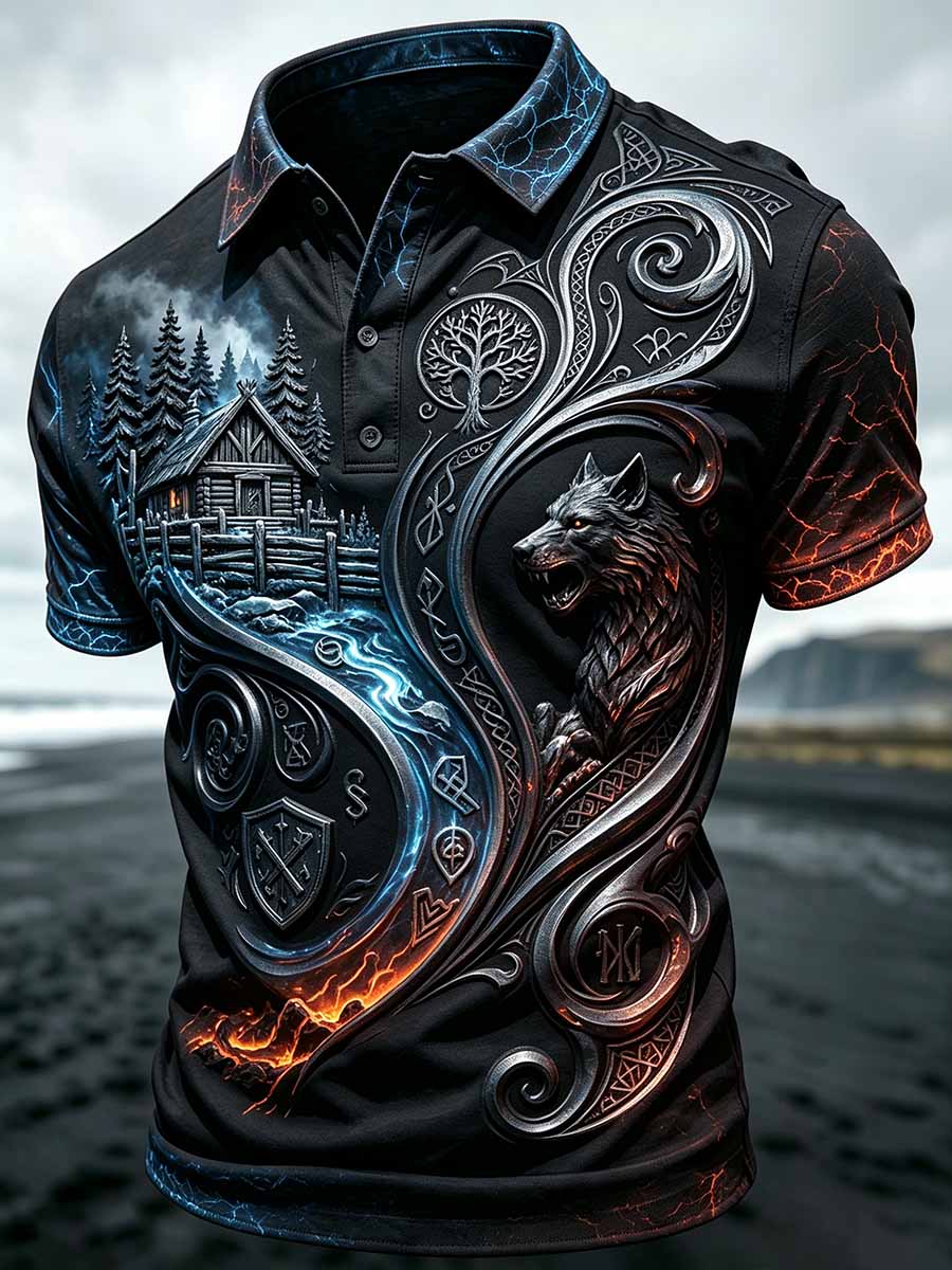 Herren-Vintage-Poloshirt mit Wikinger-Wolf-Print