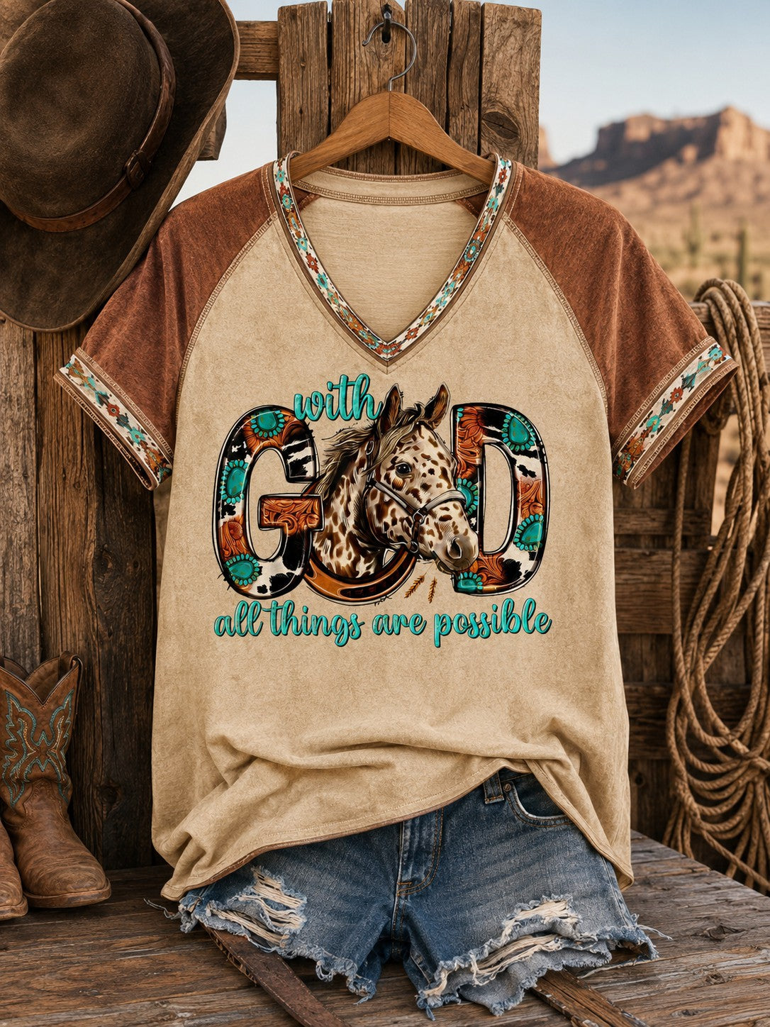 Damen-T-Shirt mit V-Ausschnitt und schulterfreiem Design, westlicher Stil, mit dem Aufdruck „With God All Things Are Possible“ – ein Symbol des Glaubens