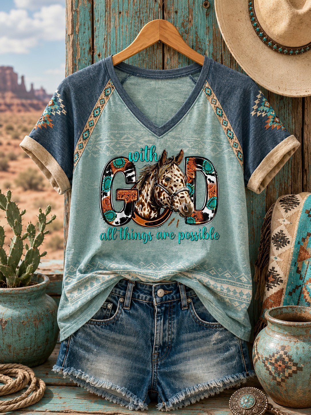 Damen-T-Shirt mit V-Ausschnitt und schulterfreiem Design, westlicher Stil, mit dem Aufdruck „With God All Things Are Possible“ – ein Symbol des Glaubens