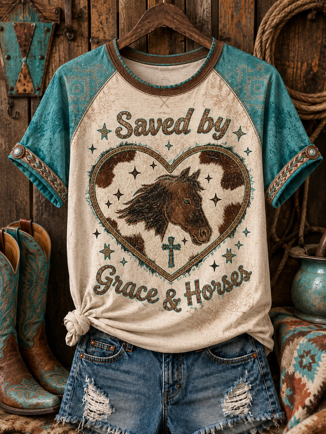 Damen-T-Shirt mit schulterfreiem Schnitt, aus Rindleder gefertigt, mit Herzen und Kreuz im Western- und Glaubensstil sowie dem Schriftzug „Saved by Grace and Horses“ bedruckt