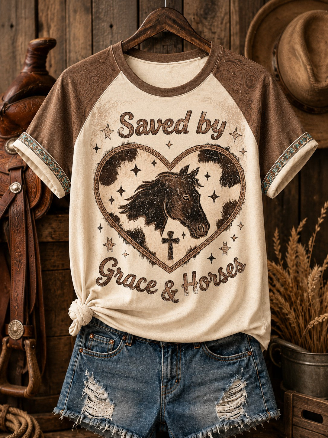 Damen-T-Shirt mit schulterfreiem Schnitt, aus Rindleder gefertigt, mit Herzen und Kreuz im Western- und Glaubensstil sowie dem Schriftzug „Saved by Grace and Horses“ bedruckt