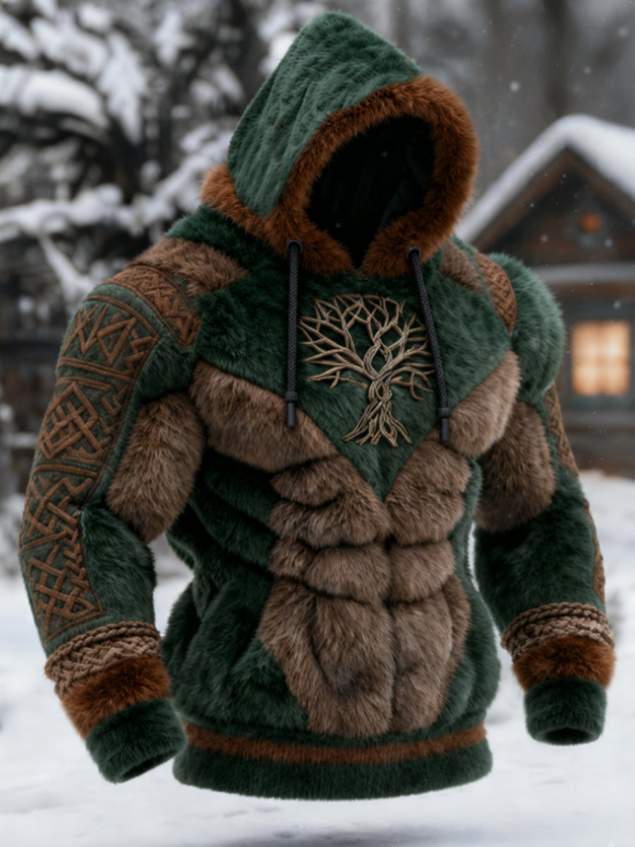 Herren-Viking-Tribal-Jacquard-Flanell-Hoodie mit keltischem Knoten‑Motiv und muskulöser Linienführung – warmes Kunst‑Design