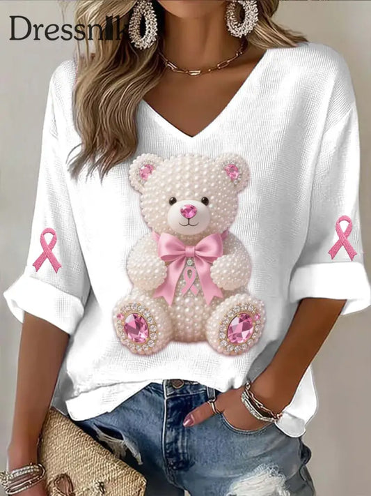 Vintage Breast Cancer Bear Perlen Abstrakt Print Lässiges T Shirt aus Baumwolle mit langen Ärmeln Rosa / S
