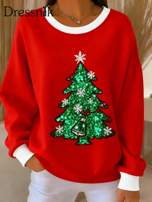 Vintage Weihnachten Pailletten Baum gedruckt lässig Lose Langarm Top Rot / S