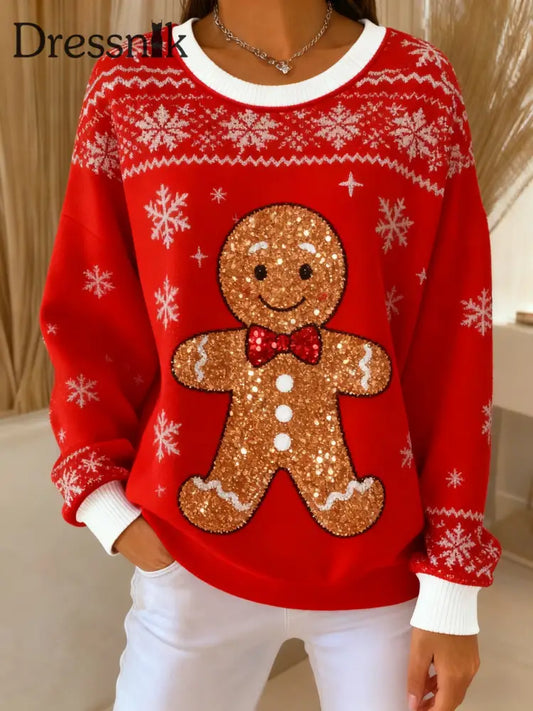 Vintage Weihnachts glitter Lebkuchen mann gedruckt lässig Lose Langarm Top Rot / S