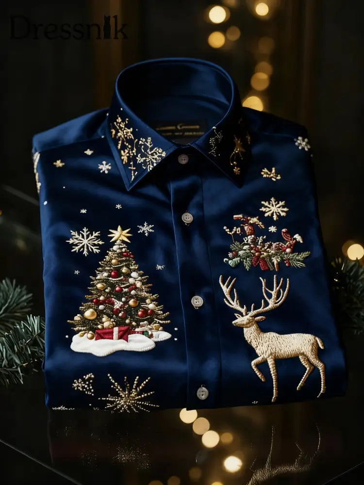 Vintage Weihnachtsbaum-Rentier-Druck Königliches Luxus-Langarm-Hemd Marineblau / S