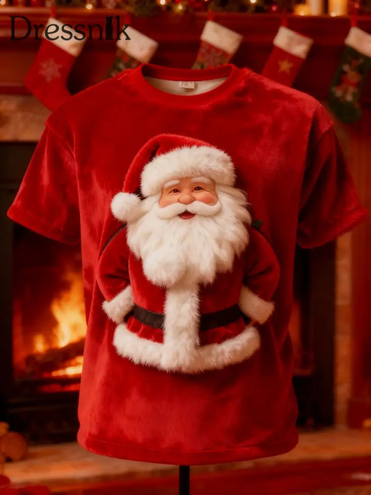 Vintage Weihnachtsmann-Print-Plüsch-Kurzarm-T-Shirt Rot / S