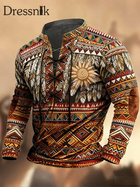 Vintage Western Art Print Country Style V-Ausschnitt Henley Langarm Hemd A / S