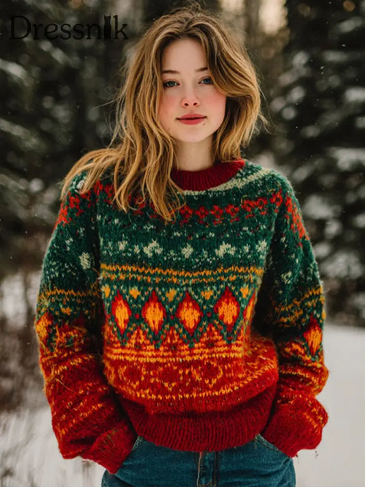 Western inspirierter Jacquard-Pullover für Frauen gemütlicher Strick pullover als bild / S