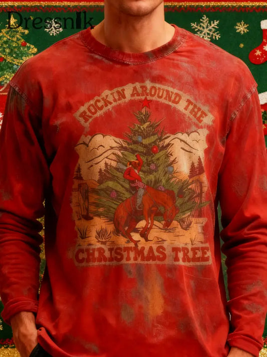 Westliches Weihnachts-T-Shirt für Männer mit langen Ärmeln Rot / S