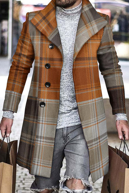 Men's Urban Tide Fashion Check Patchwork British Style Lapel Trench Overcoat