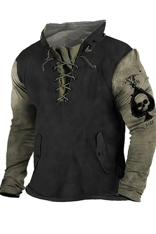 Men's Casual Lace-Up Vintage Printing Stand Collar Long Sleeve Sweatshirt