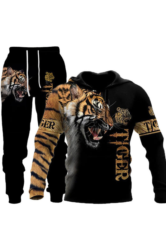 Men's Lion And Tiger Printed Loose Long Sleeve Sweatshirt And Pants Set