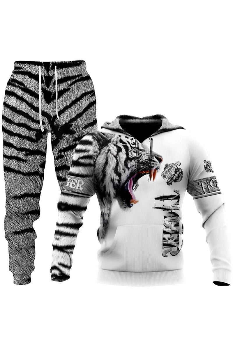 Men's Lion And Tiger Printed Loose Long Sleeve Sweatshirt And Pants Set