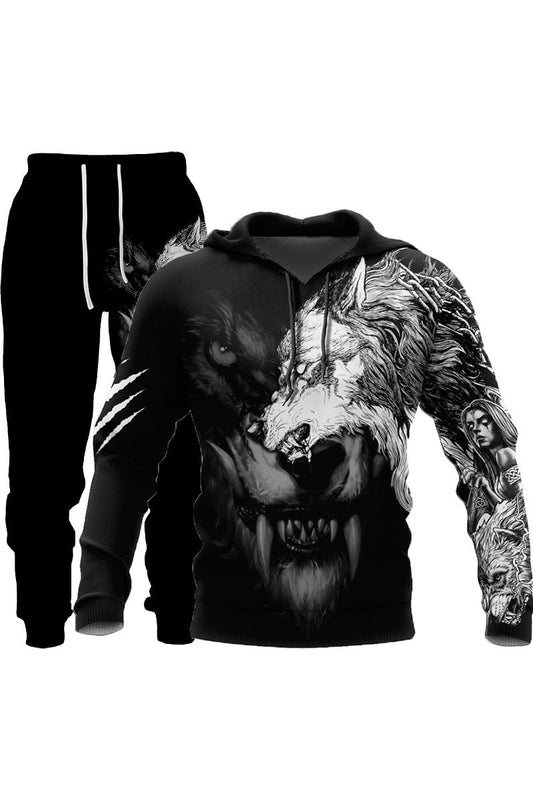 Men's Wolf Head Printed Casual Pullover Sweatshirt Long Pants Two Piece Set