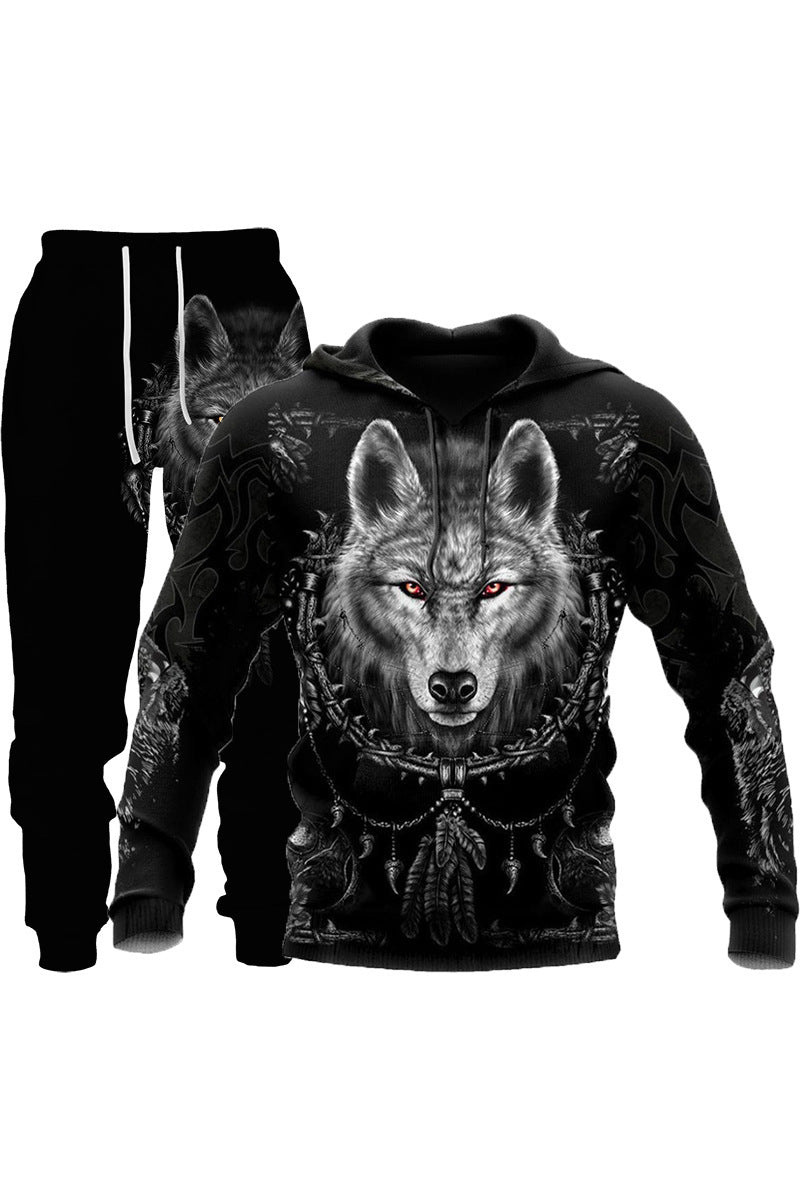 Men's Wolf Head Printed Casual Pullover Sweatshirt Long Pants Two Piece Set