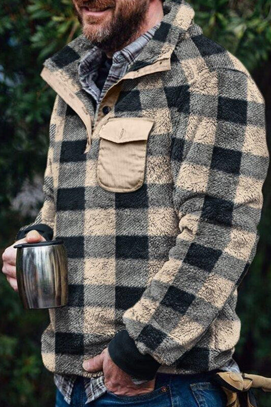 Men's Casual Camouflage Check Print Flannel Plush Button Pocket Thick Sweatshirt