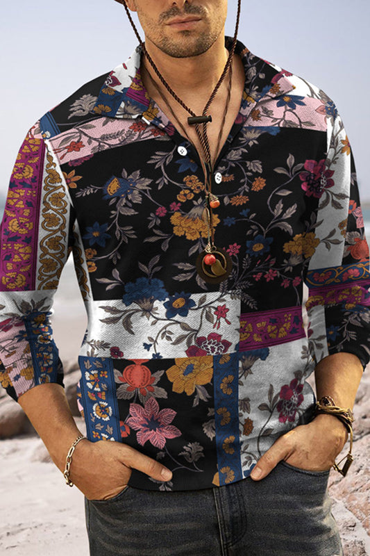 Men's Casual Fashion V-Neck Retro Floral Plant Print Pullover Long Sleeve Shirt