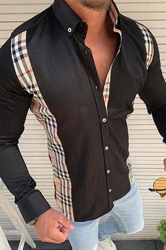 Men's Printed Plaid Striped Long Sleeve Lapel Shirt