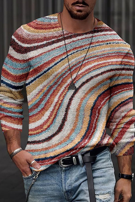 Men's Round Neck Color Lines Swirl Abstract Matching 3D Printed Casual Retro Long Sleeve Shirt
