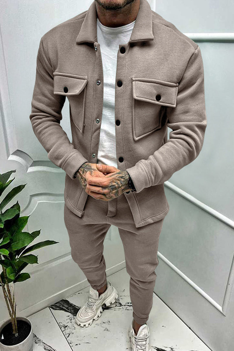 Men's Buttoned Suede Casual Jacket And Pants Two-Piece Set