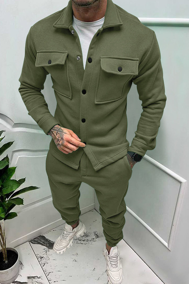 Men's Buttoned Suede Casual Jacket And Pants Two-Piece Set