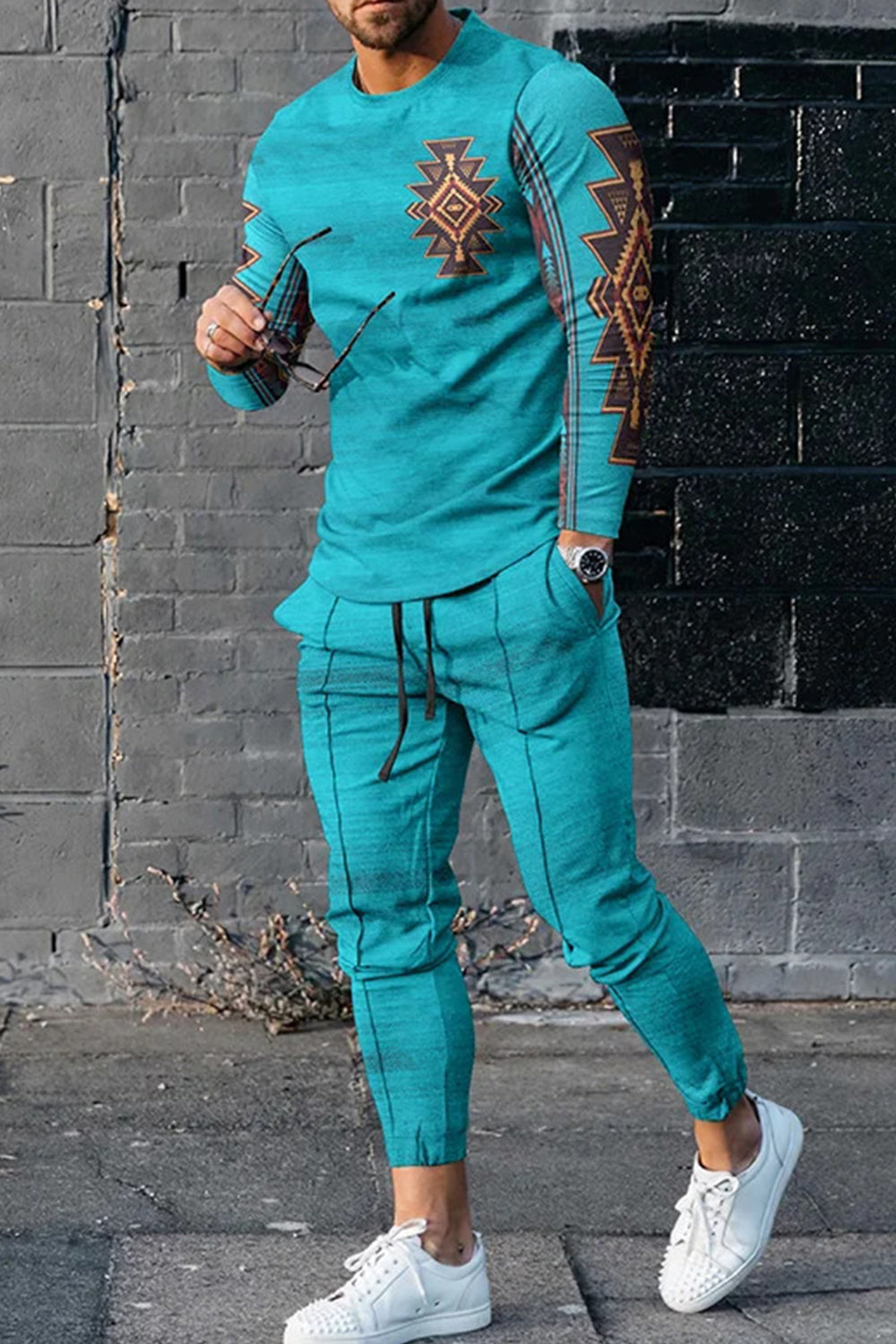 Zweiteiliges Set mit Crewneck-Pullover im Retro-Ethnischen Stil, bedruckt, lang ärmelige Schweiß hose