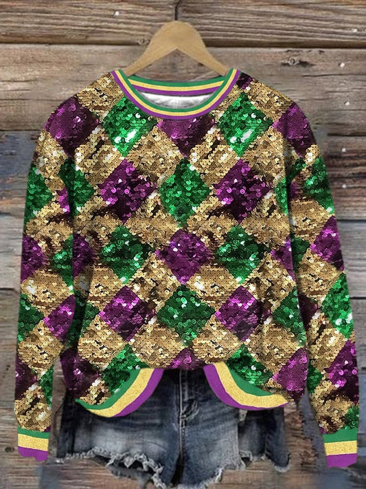 Langärmliges Damen-Sweatshirt mit Mardi Gras-Pailletten-Print