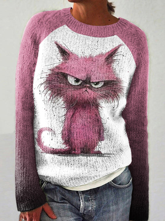 Angry Cat – Lässiger, langärmliger Pullover mit Farbblockdesign