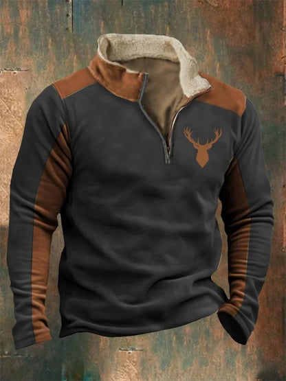 Herren Western Elk Spleißen Druck Stand Pelz kragen Reiß verschluss Flush Outdoor Sweatshirt
