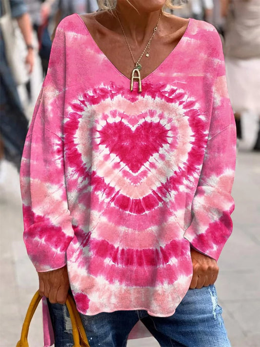 Langarmshirt mit V-Ausschnitt und Batik-Herzmuster für Damen zum Valentinstag